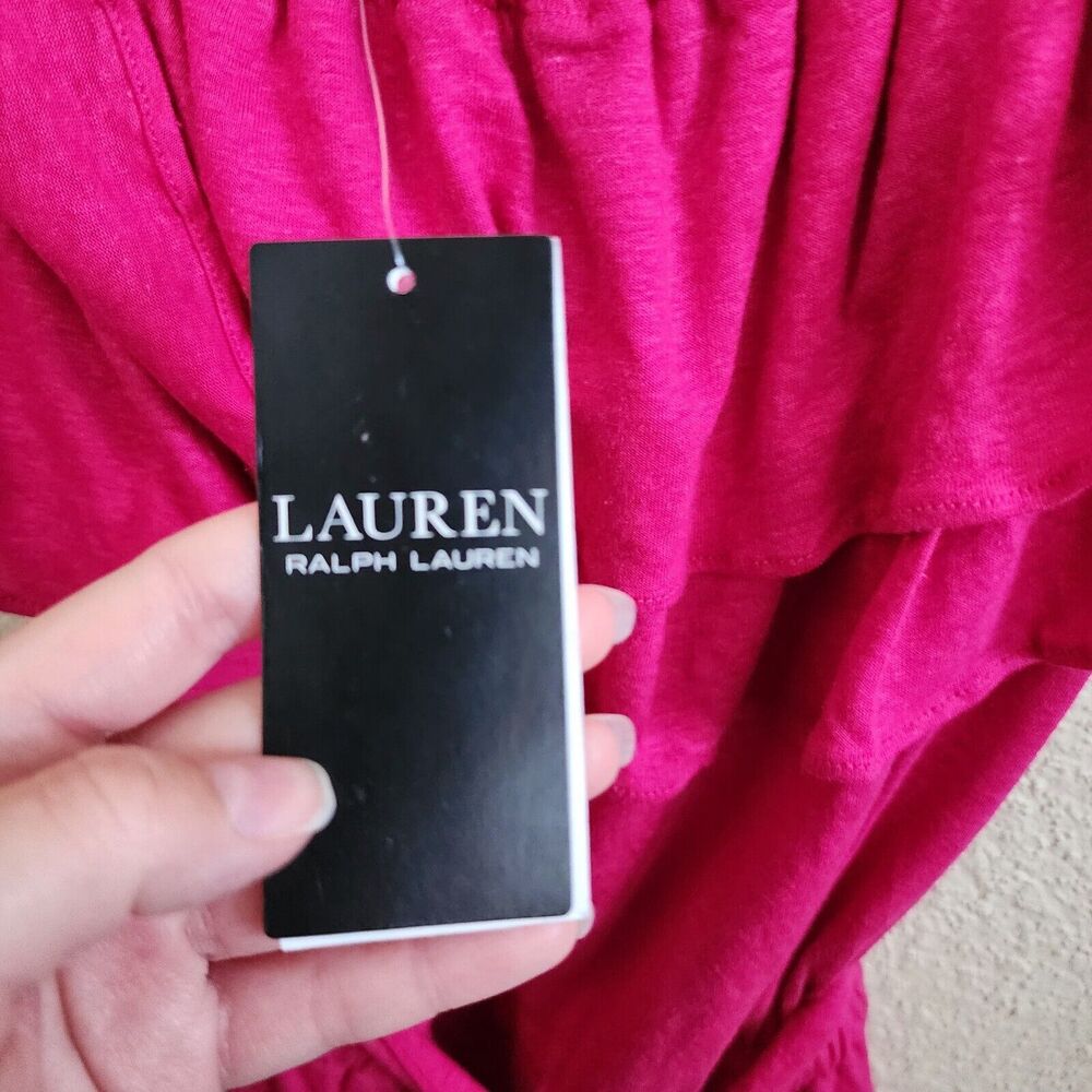 Lauren Ralph Lauren Black Label Linen Short Sleeve Ruffle Top Magenta Pink M NWT - Picture 5 of 10